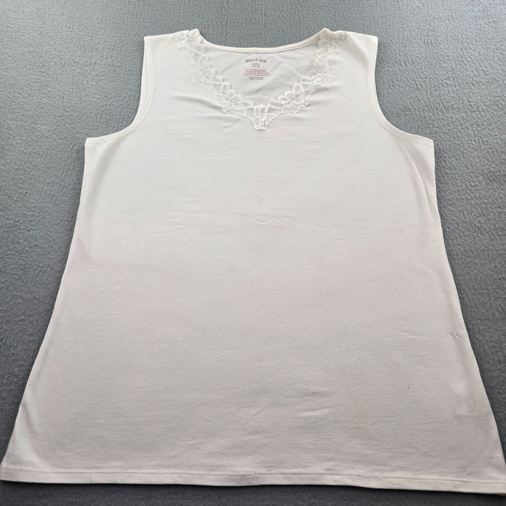 White Stag Tank Top Women XL 16-18 Knit Cotton Floral Intricate Lace Trim V-Neck